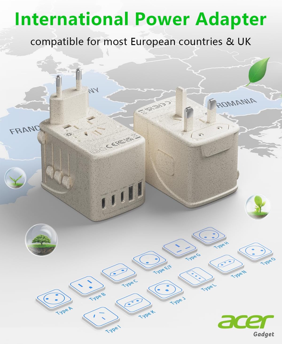 Acer Universal Travel Plug Adapter - International Power Adapter with 5 USB Ports (3 USB C) 5.8A, Worldwide Outlet Charger for USA to European UK France Germany Spain, Type C/E/F/G/I/L/A,Beige