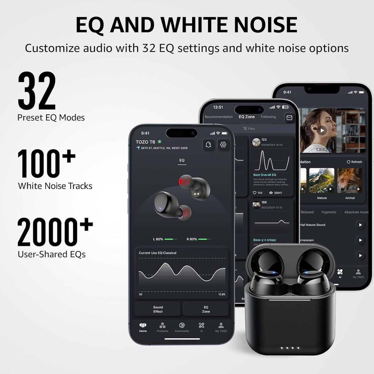 TOZO T6 Wireless Earbuds, Bluetooth 5.3 Ear Buds, Stereo Sound in Ear Headphones, 50 Hours Playtime, Wireless Charging Case, APP Customizable EQs, IPX8 Waterproof Earphones