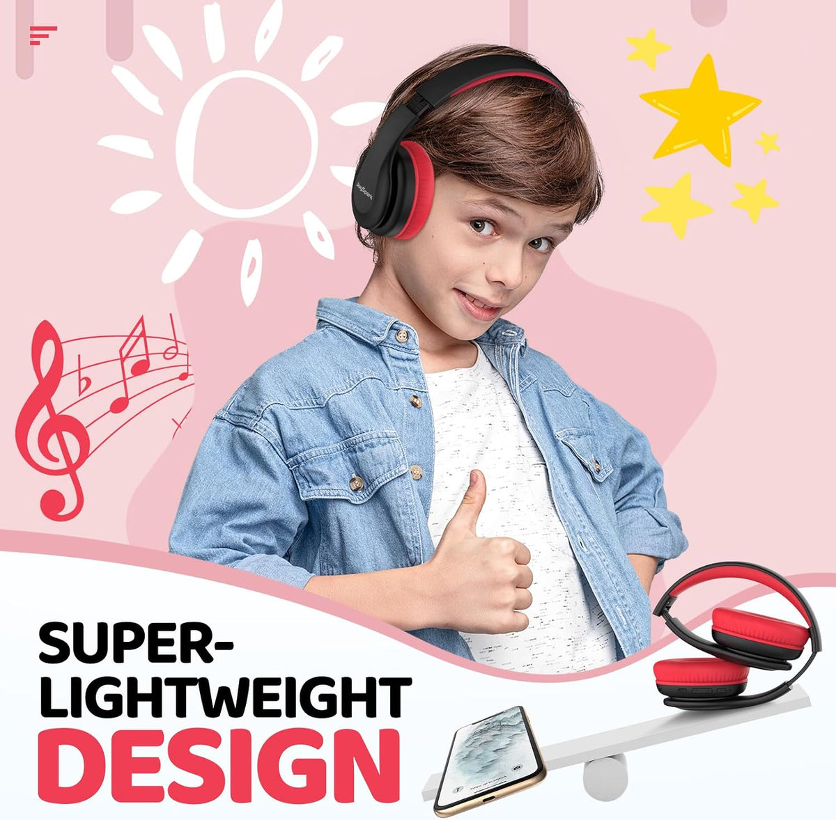 85/94dB 60 5.3, Headsets JoySpark Kids Bluetooth Headphones, Lightweight Wireless Headphones for Kids, Volume Limited