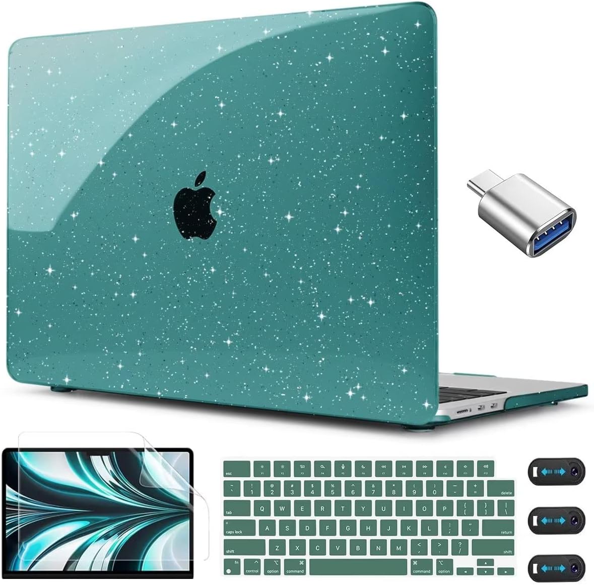 CISSOOK for MacBook Air 13 inch Case M4 M3 M2 2025 2024 2022, Plastic Hard Shell Case Glitter Bling Cover with Keyboard Cover for MacBook Air 13.6 A3240 A3113 A2681, Deep Teal Glitter