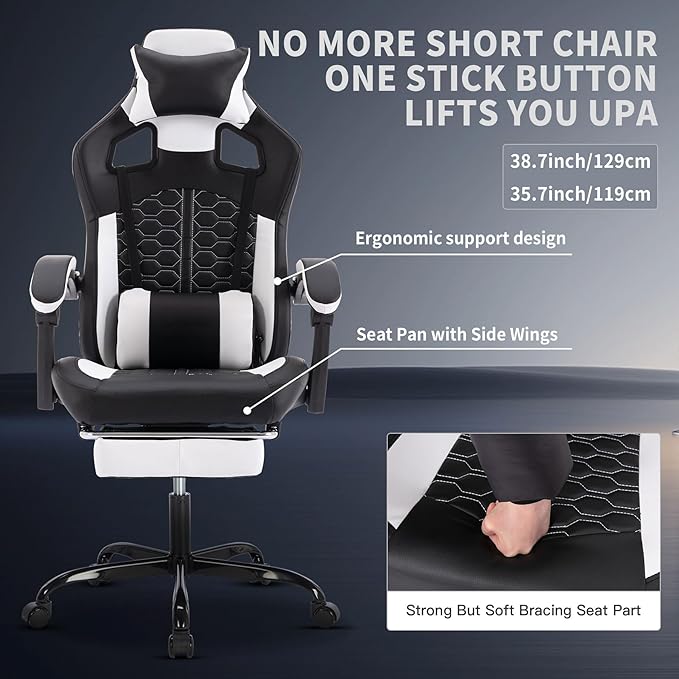 Gaming Chair Ergonomic Computer Chair with High Back Office Computer Chair with Footrest and Massage Lumbar Support Height Adjustable Swivel Video Game Chair (Black White 1)