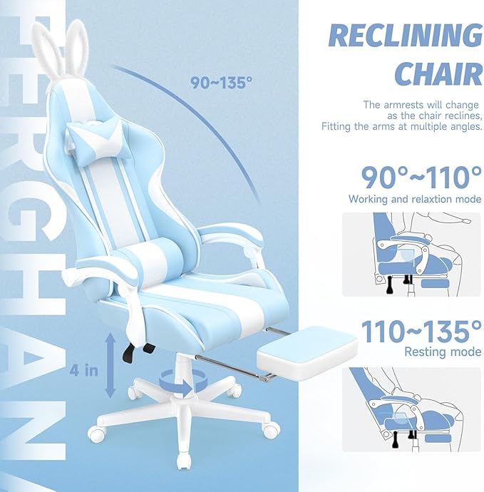 Ferghana Kawaii Light Blue Gaming Chair with Bunny Ears Ergonomic Cute Gamer Chair with Footrest and Massage Racing Reclining Home Computer Game Chair for Girls Adults Teens Kids