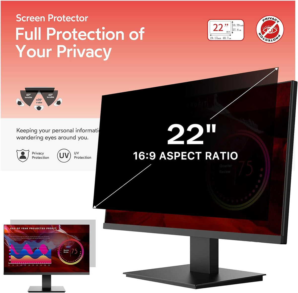 BERSEM 22 Inch Monitor Computer Privacy Screen Filter for 16:9 Ratio Removable Monitor Anti-Glare & Privacy Filters for 22 Inch, Anti Blue Light, Anti-Spy, Anti-Scratch, UV-Blocking