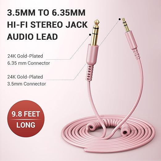 OneOdio 6.35mm to 3.5mm 6.6-9.8FT Stereo Adapter Cable Compatible with AMPs, Electronic Keyboards, Mixers, Guitars and Pro10/Pro30/Pro50 Headphones of OneOdio- Rose Gold