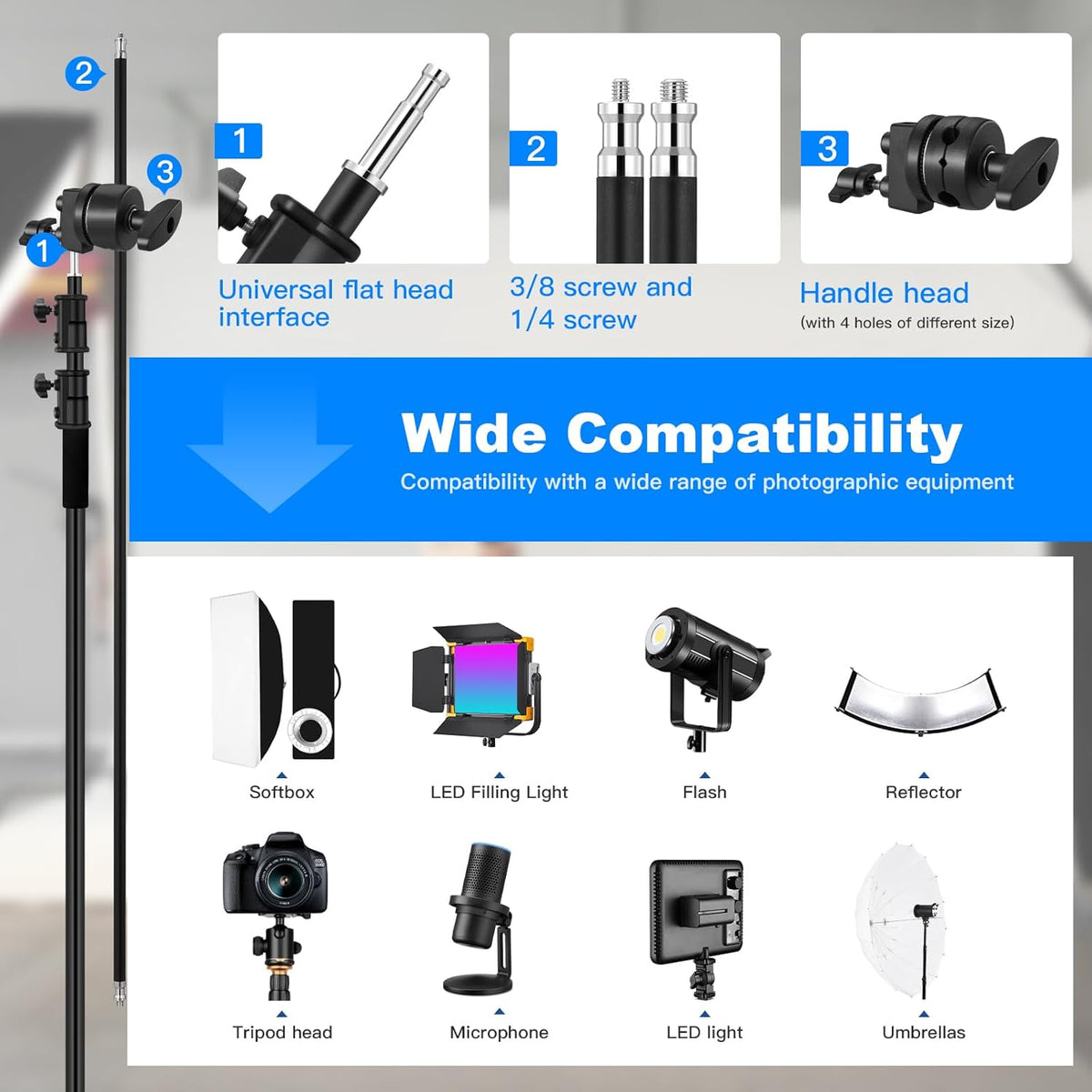 Soonpho Heavy Duty C Stand with Boom Arm,Black Stainless Steel Tripod Base Adjustable Photography Light Stand with Grip Head/Sand Bag for Lighting,Overhead Shooting,Reflector,Softbox,Umbrella...