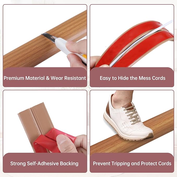 Floor Cord Cover Self Adhesive Cord Hider Floor Extension Cord Covers for Floor Power Cord Protector Cable Management Prevent Cable Trips Cable Cavity 0.59" W x 0.31" H (Light Brown Wood, 3.3Ft)