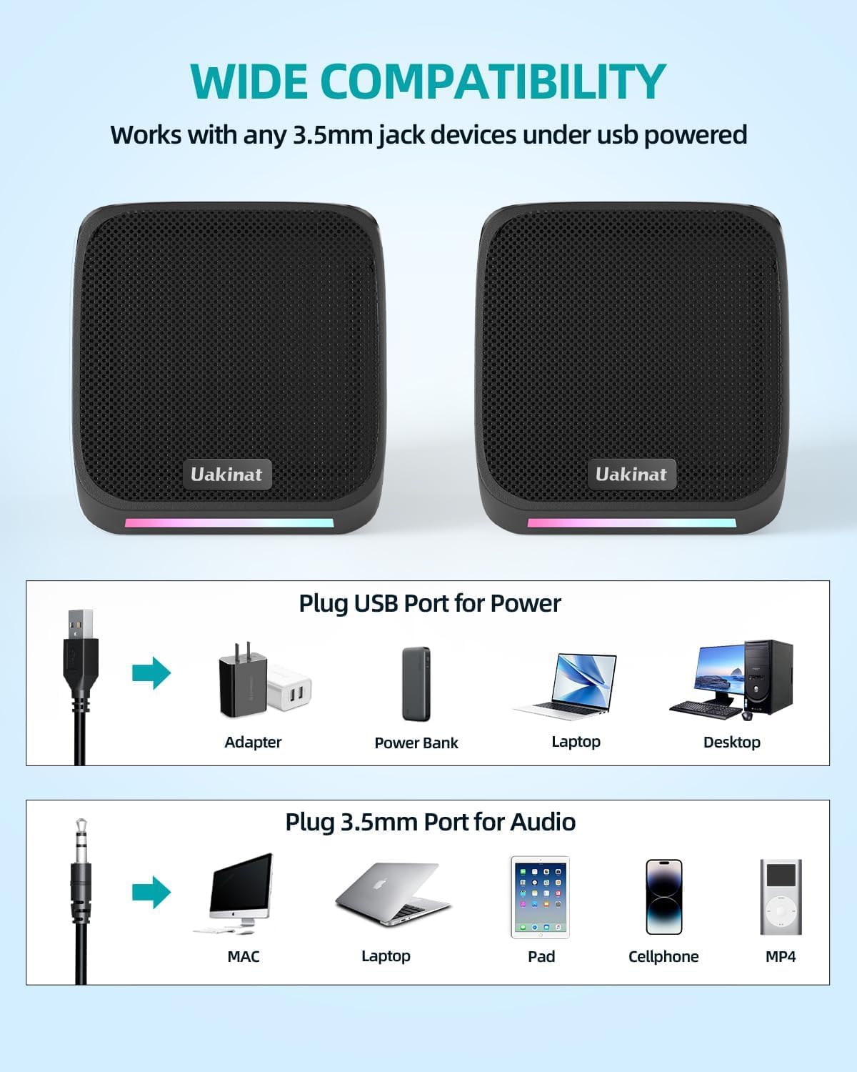 Computer Speakers with Colorful RGB Lights, USB Powered 3.5mm Aux- in Mini PC Speakers, Small Computer Speakers USB Powered 3.5mm Aux Speaker for PC,Laptop,Tablet,Phone