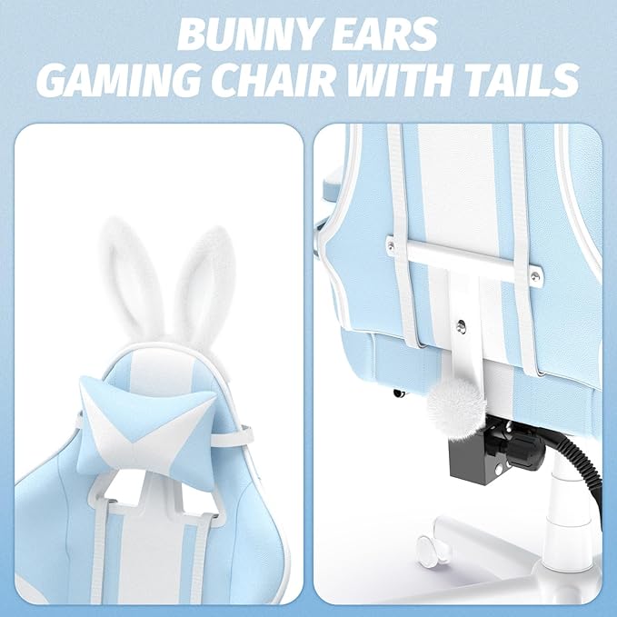 Ferghana Kawaii Light Blue Gaming Chair with Bunny Ears Ergonomic Cute Gamer Chair with Footrest and Massage Racing Reclining Home Computer Game Chair for Girls Adults Teens Kids