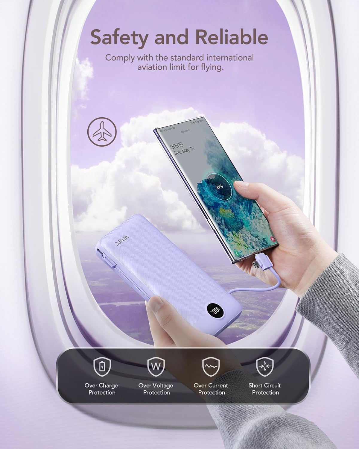 VRURC Portable Charger 20000mAh, Fast Charging Power Bank USB C,4 Output 2 Input Travel Essentials Charging Bank Equipped with LED Display,Built-in Wall Plug and Cables,Phone Charger Battery,Purple