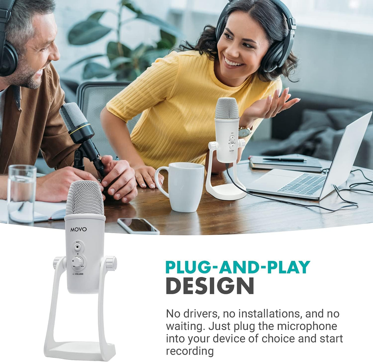 Movo UM700W White Desktop USB Microphone for Computer - Studio Mic with 4 Pickup Patterns - USB Gaming Microphone for PC, Mac, and Android - Best Mic for Podcast Recording and Streaming Setup