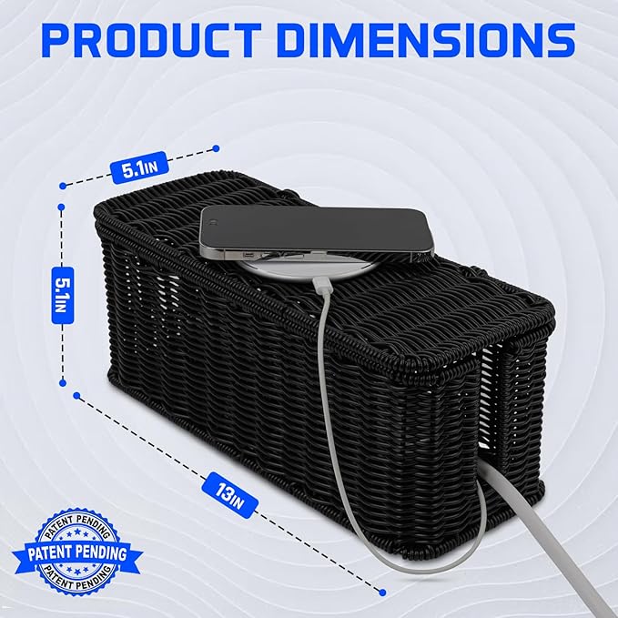 Cable Management Box, Handmade Rattan Cable Organizer with 2 Open Slots, Cord Hider for Power Strip, Router & USB Hub, Registered U.S. Design Patent (D1,112,102), 13" x 5.1" x 5.1", Black