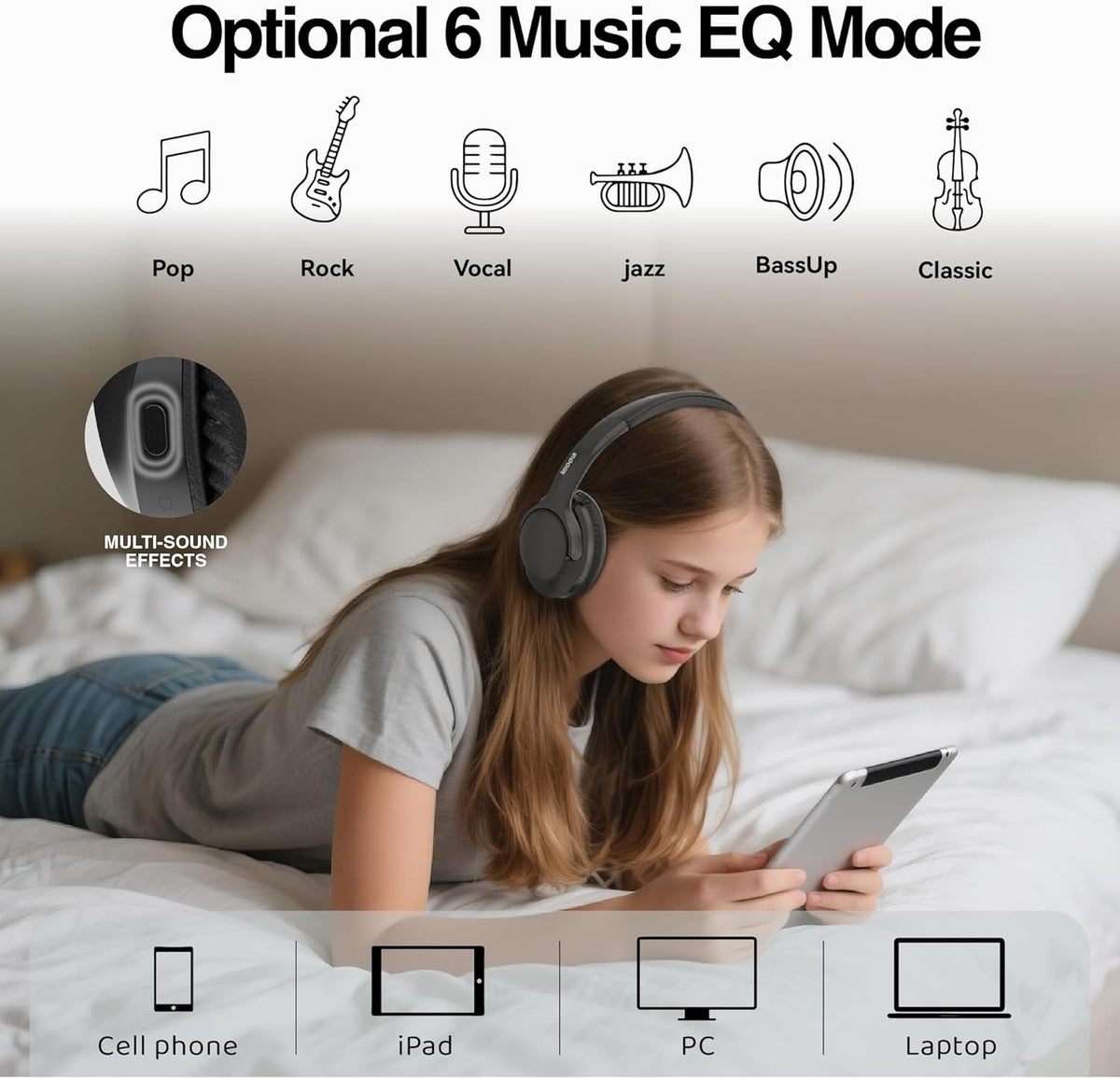 MIDOLA Bluetooth Headphones Over Ear 68H Playtime 6 EQ Wireless Headset with Microphone HiFi Stereo Foldable Lightweight Deep Bass for Travel Home Office Cellphone Black