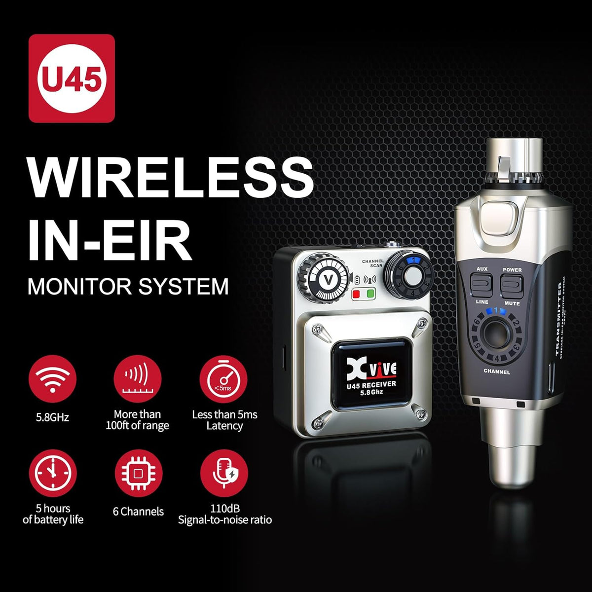 Xvive U45R4 Wireless in-Ear Monitor System Set with One Transmitter and Four Receivers