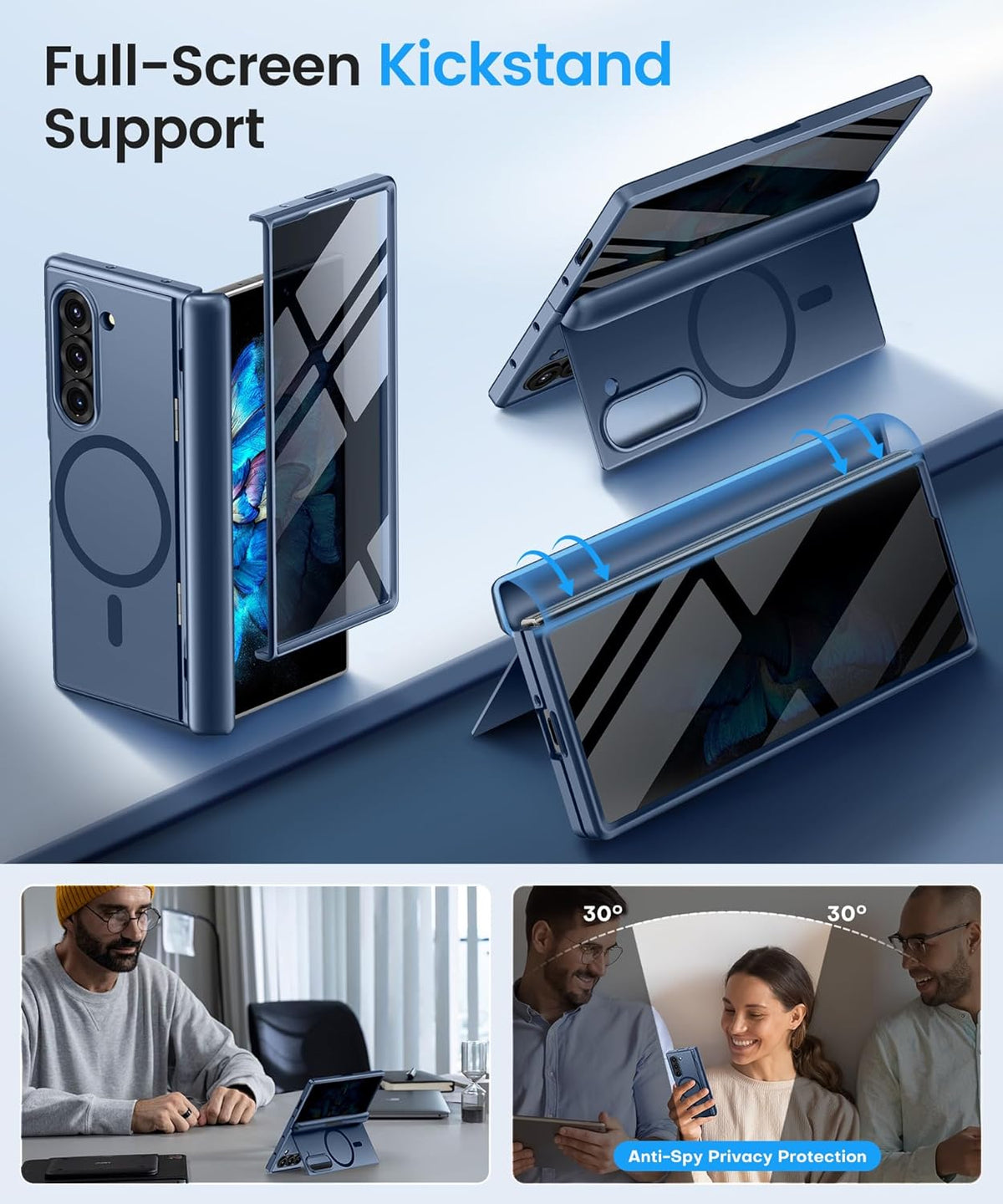 BERFY Magnetic for Samsung Galaxy Z Fold 6 Case with Privacy Screen Protector, [Compatible with MagSafe][Anti Spy] Built-in Hidden Kickstand, Full-Body Shockproof Slim Phone Case for Z Fold 6, Blue