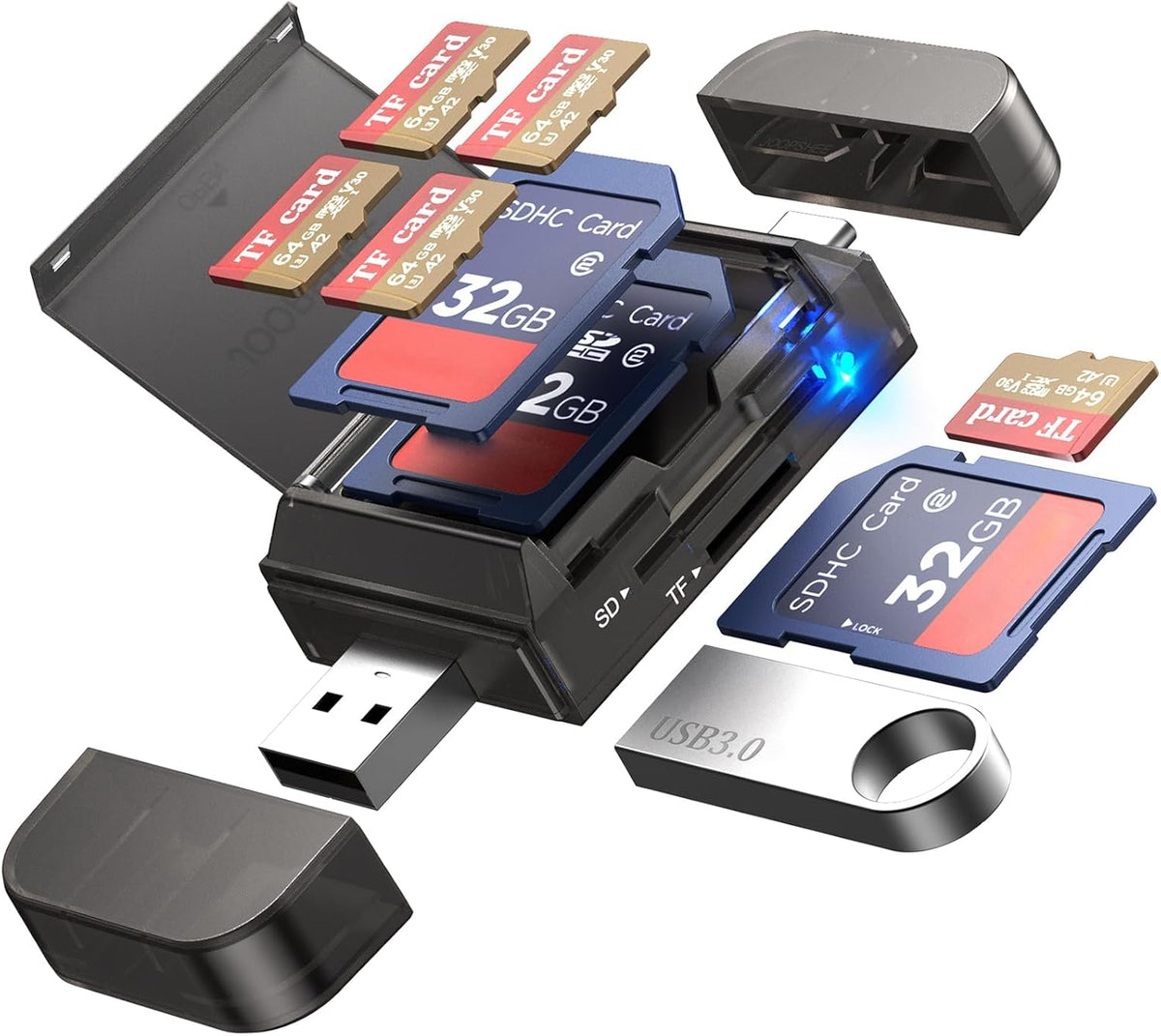 6-in-1 SD/TF Card Reader Adapter with USB A & Type C Port & USB 3.0 Slots for Micro SD/SDHC/SDXC/MMC Memory Cards, Compatible with PC, MacBook, Chromebook, Android Phone, i-Phone