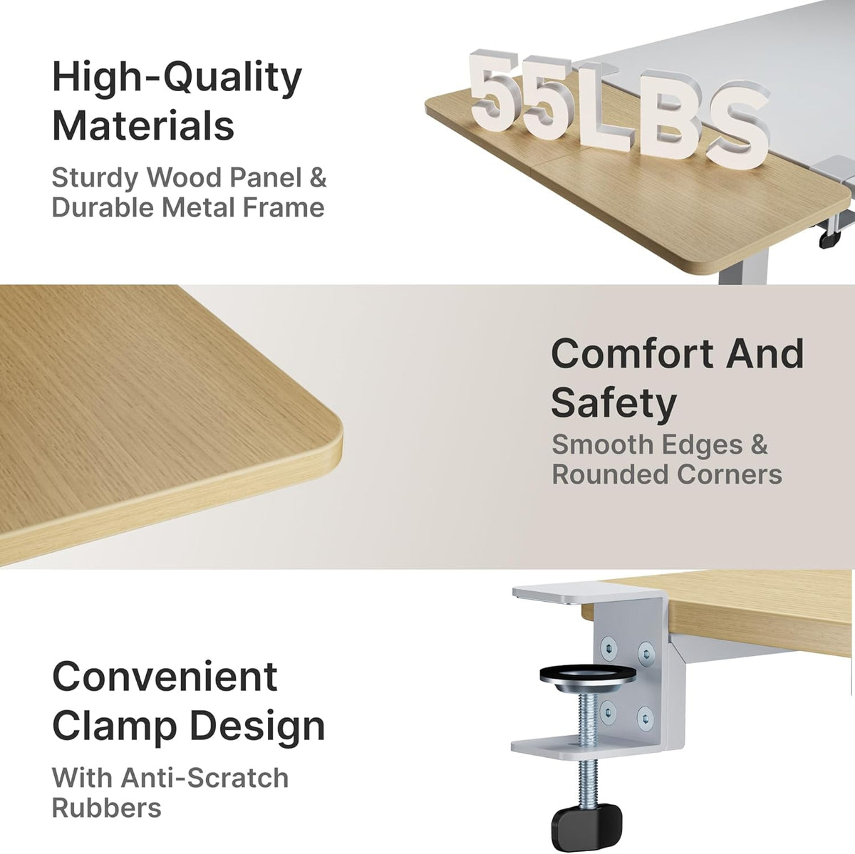 Desk Extender Tray, 28" x 12" Clamp On Desk Shelf, Desk Extension with Laptop Holder, Table Desk Arm Rest, Clamp On Keyboard Tray for Office and Home, Workstation Organizer, Large, Wood