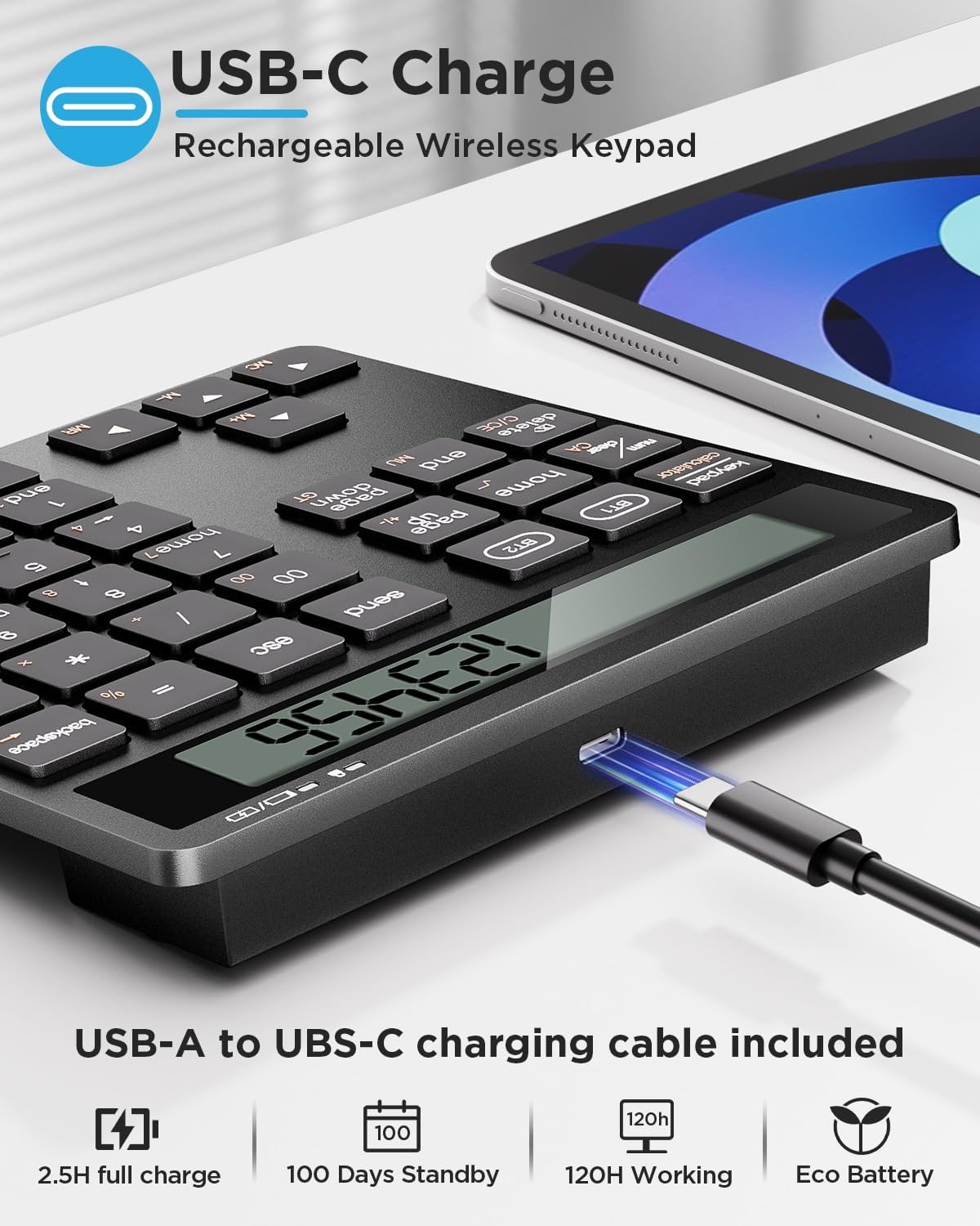 HoRiMe 34 2 1 Number Pad for Laptop - Rechargeable Wireless Number Keypad Keys with Dual Bluetooth, in Numeric Keypad