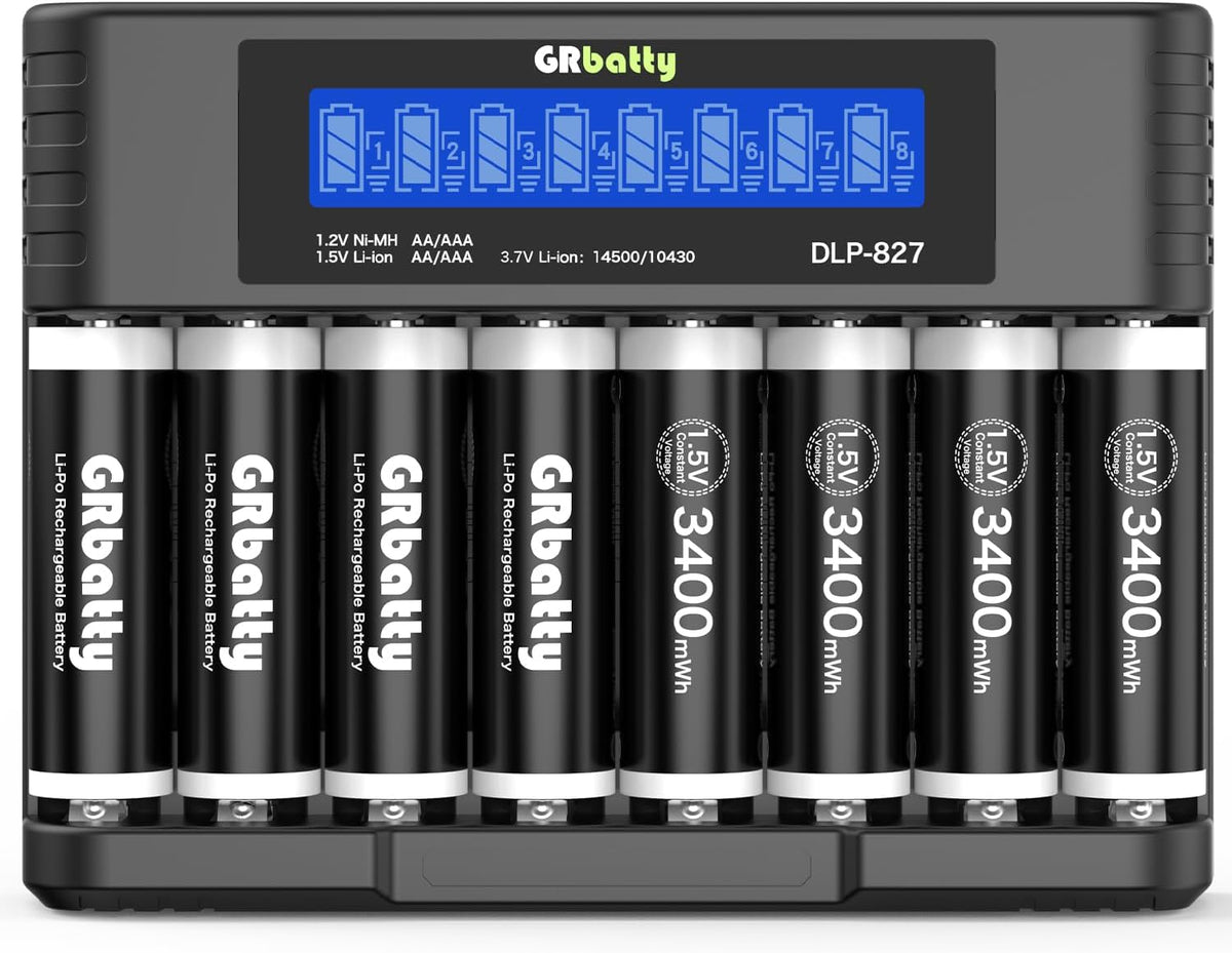 GRbatty 3400mWh 1.5V 1500 (8 Pack) Rechargeable Lithium AA Batteries with Charger, High Capacity, Cycles