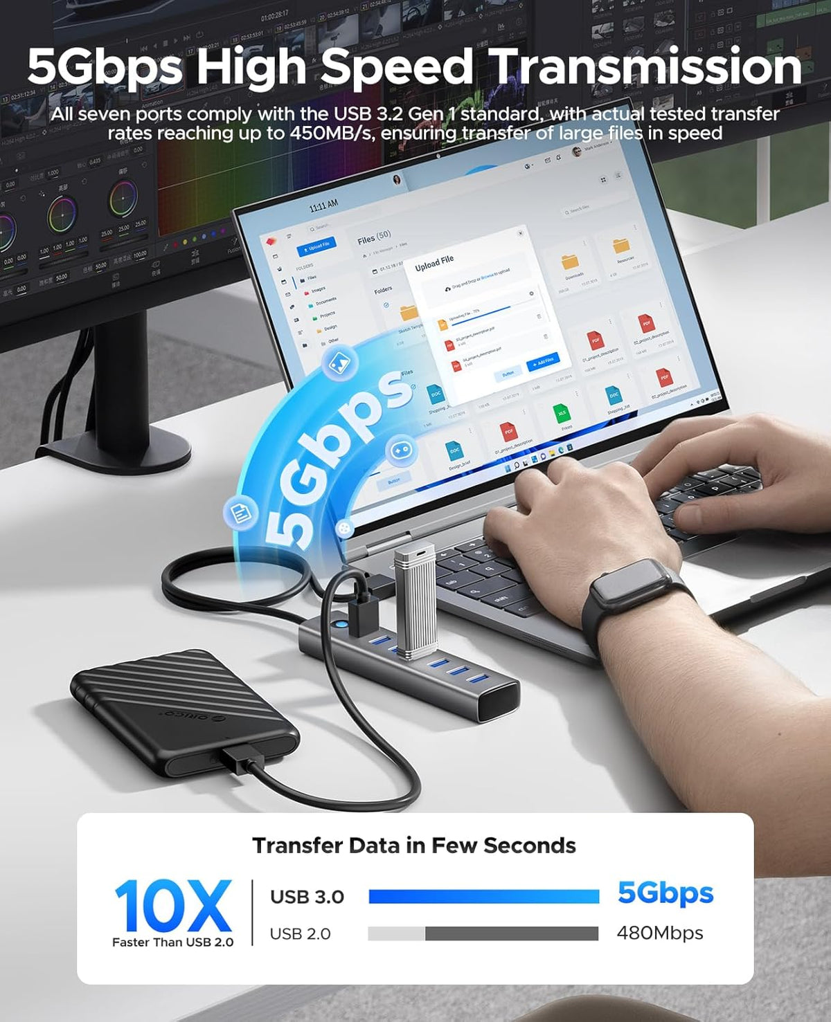 ORICO Aluminum 7-Port USB Hub with 3.28Ft Cable, Multiple USB 3.0 Hub, 5Gbps Data Transfer, 5V 3A Type-C Port, UBS-A Splitter for PC, Laptop, Desktop