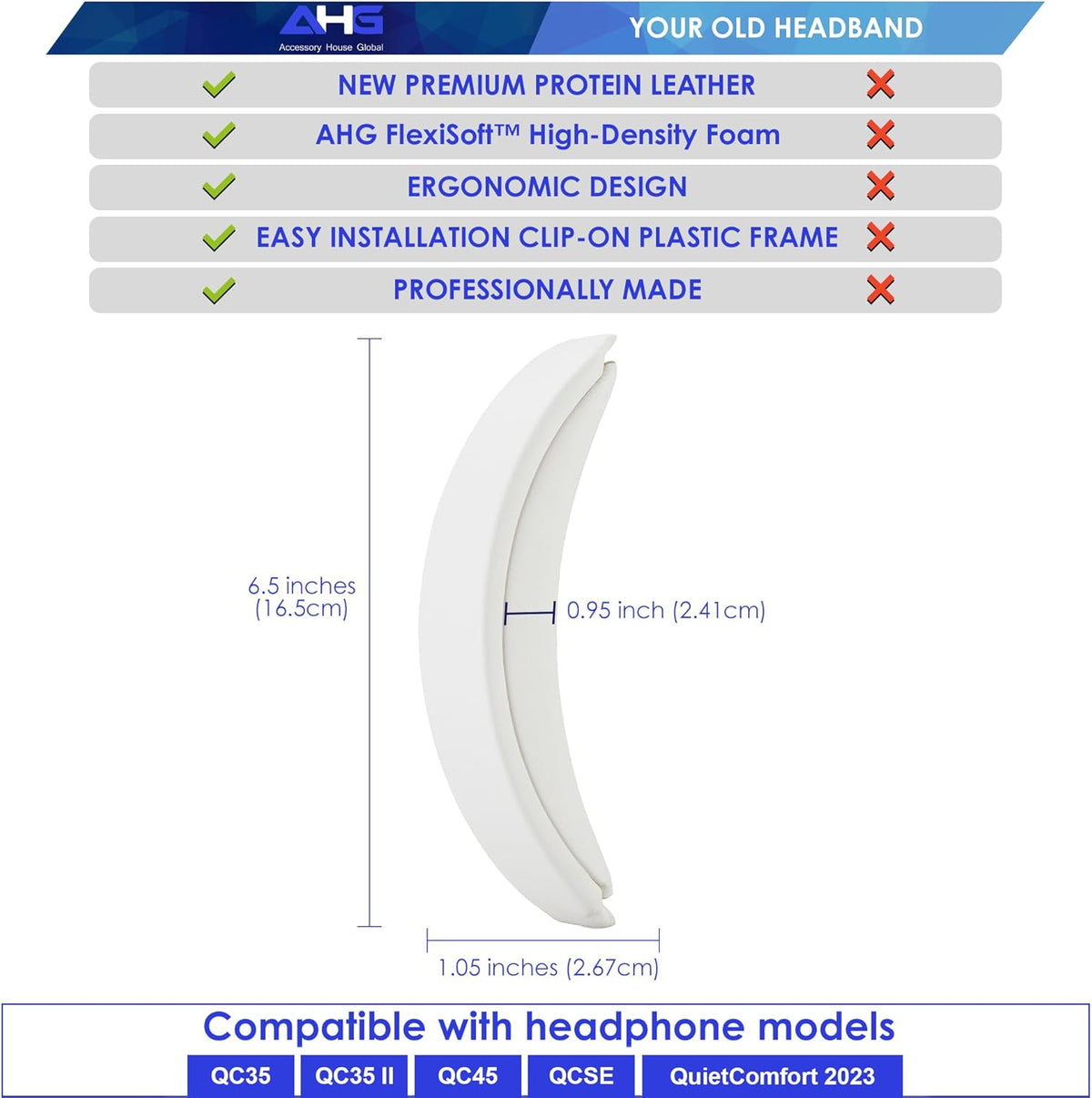 QC35 ii / QC35 Headband pad Cushion Cover. Compatible with Bose QuietComfort 35 / QC35 II Headphones (White). Easy Clip on Design | Premium PU | FlexiSoft High-Density Foam