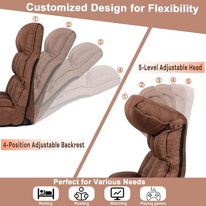 MAT EXPERT Folding Floor Chair Floor Gaming Chair w/ 4-Position Backrest 5-Position Adjustable Headrest Side Pocket Indoor Floor Chair w/Back Support for Bedroom Living Room (Coffee)