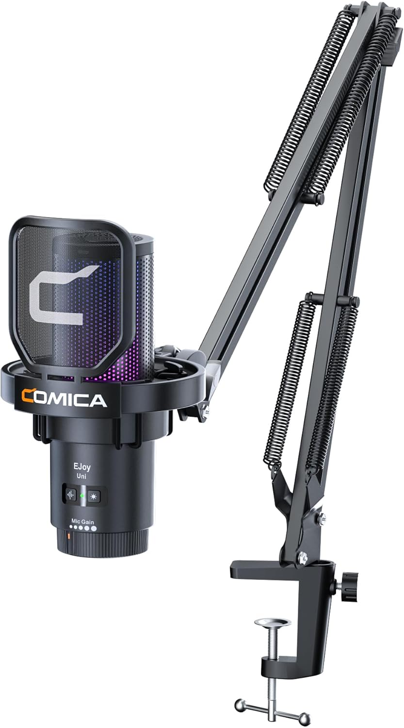 COMICA EJoy Uni USB Condenser Gaming for PC, PS4, PS5, USB C Phone, and Mac, Boom Arm RGB Computer Mic for Twitch, Streaming/Podcasting/YouTube, Noise Cancellation Mic with Mute, Gain, Monitoring