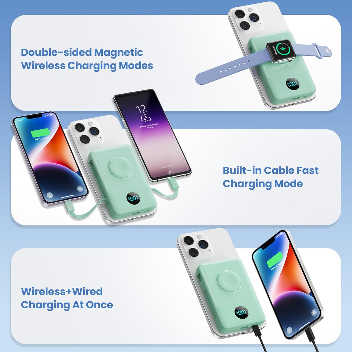 Magnetic Portable Charger 10800mAh for iPhone with Built-in Cables, 6-in-1 Wireless Power Bank with iWatch Charger, 25W PD Fast Charging USB C Battery Pack for iPhone 16/15/14/13/12,Apple Watch(Green)