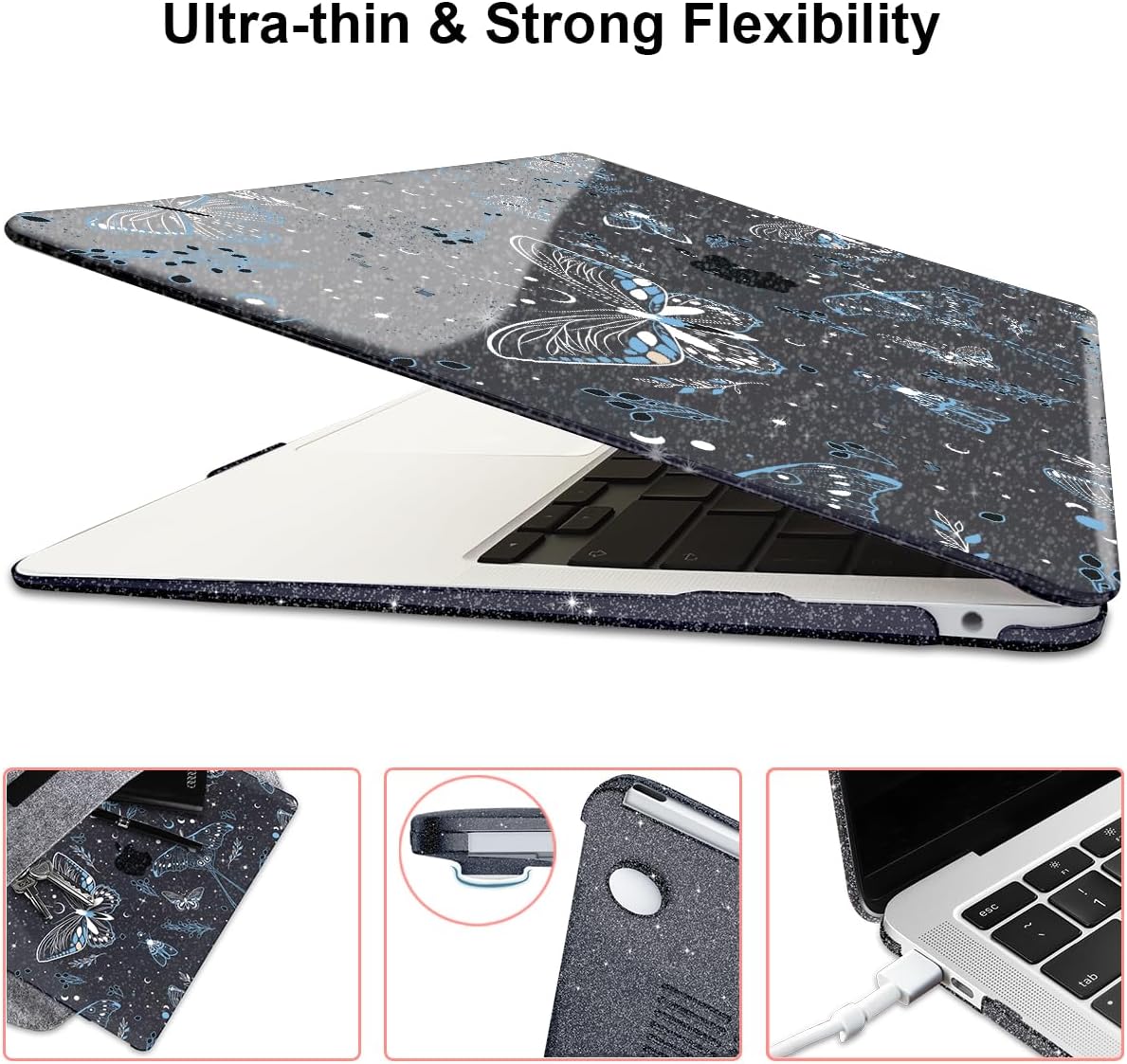for MacBook Air 13 inch Case 2021 2020 2019 2018 Release M1 A2337 A2179 A1932, Glitter Black Pritned Pattern Hard Case Cover for Mac Air 13 M1 Retina Display with Touch ID, Butterfly Sky