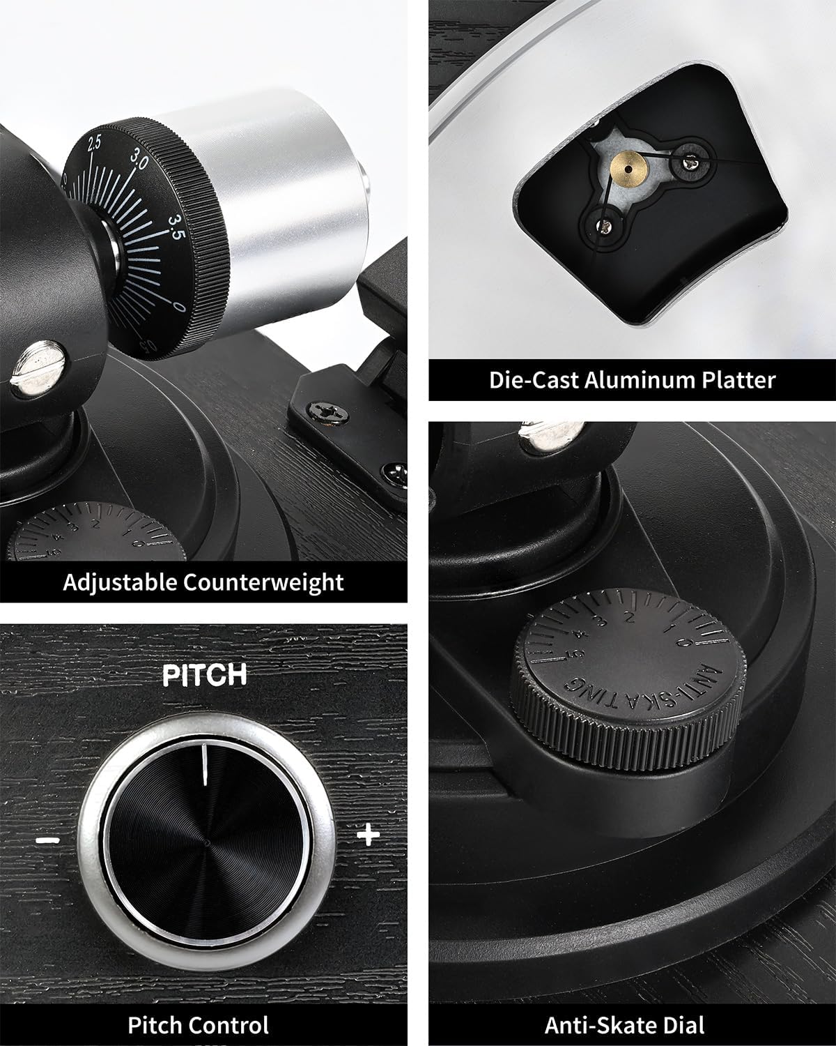 Turntable Vinyl Record Player Support Bluetooth Output Phono/Line Switch Pitch Control with Pre-Installed Counterweight & Magnetic Cartridge, Belt Drive 2 Speed