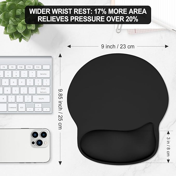 ITNRSIIET Ergonomic Mouse Pad with Wider Memory Foam Wrist Rest +17% - Curved Cushion Reduces Pressure 20%, Pain Relief, Non-Slip, Smooth, Cute Colors, 9.85 x 9 in, Black