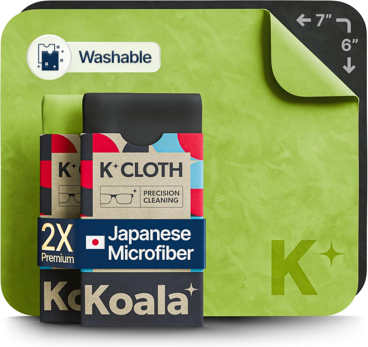 Koala Lens Cleaning Cloth | Japanese Microfiber | Glasses Cleaning Cloths | Eyeglass Lens Cleaner | Eyeglasses, Camera, VR/AR Headset, and Screen Cleaner | Black & Green (Pack of 2)