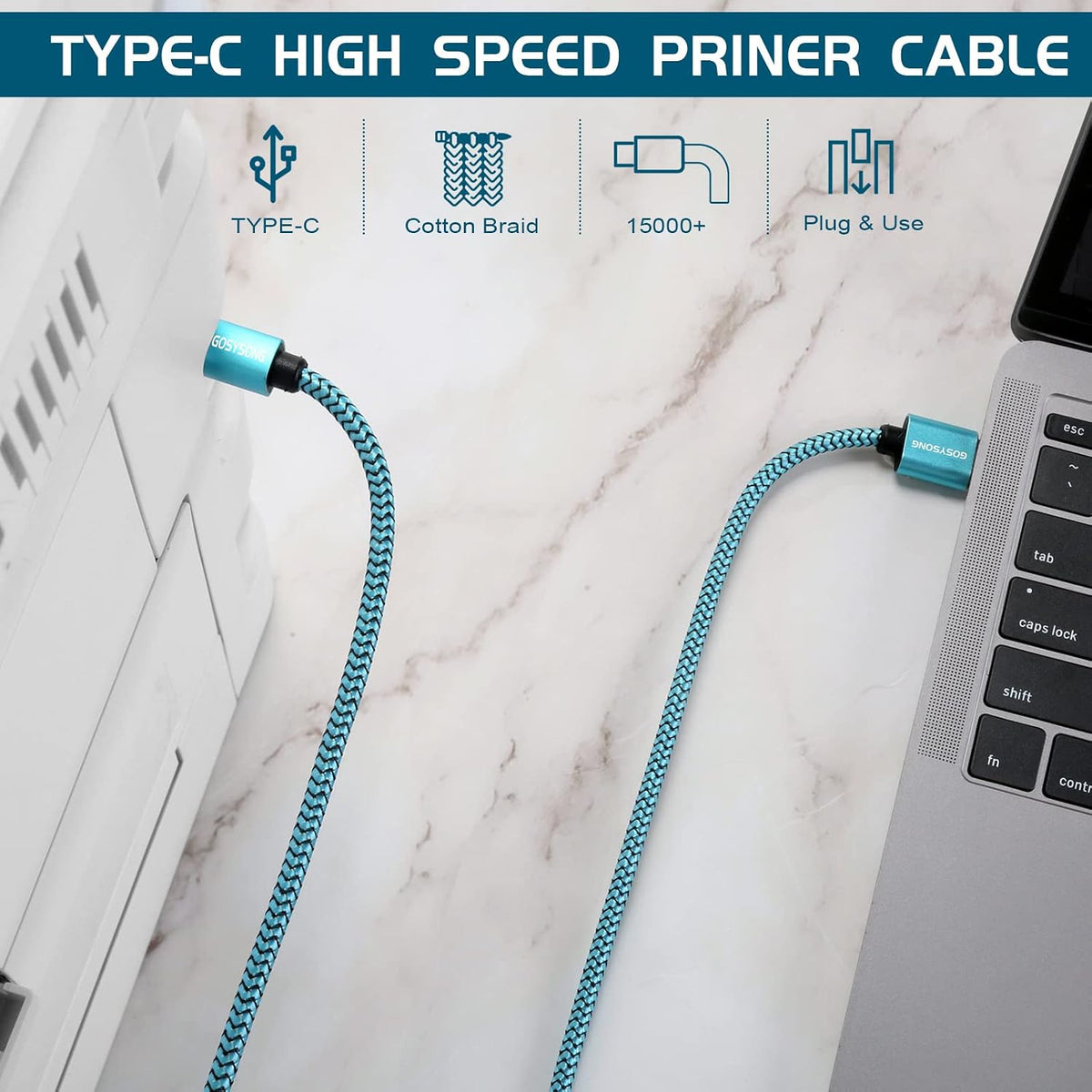 10ft USB C to USB B Printer Cable - High Speed Compatible with Printer, Scanner, Fax Machine, Midi Keyboard