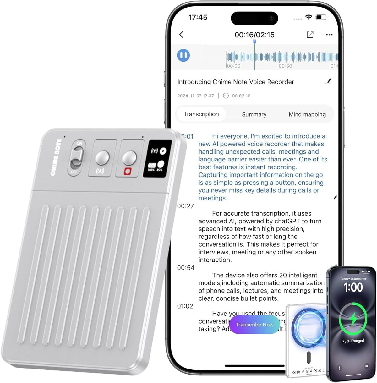 AI Voice Recorder - Voice Recorder w/No Fee for Transcribe & AI Summarize by ChatGPT, APP & Web Control, 121 Languages, 64GB Memory, Wireless Charging,Digital Voice Recorder for Meetings/Calls Silver