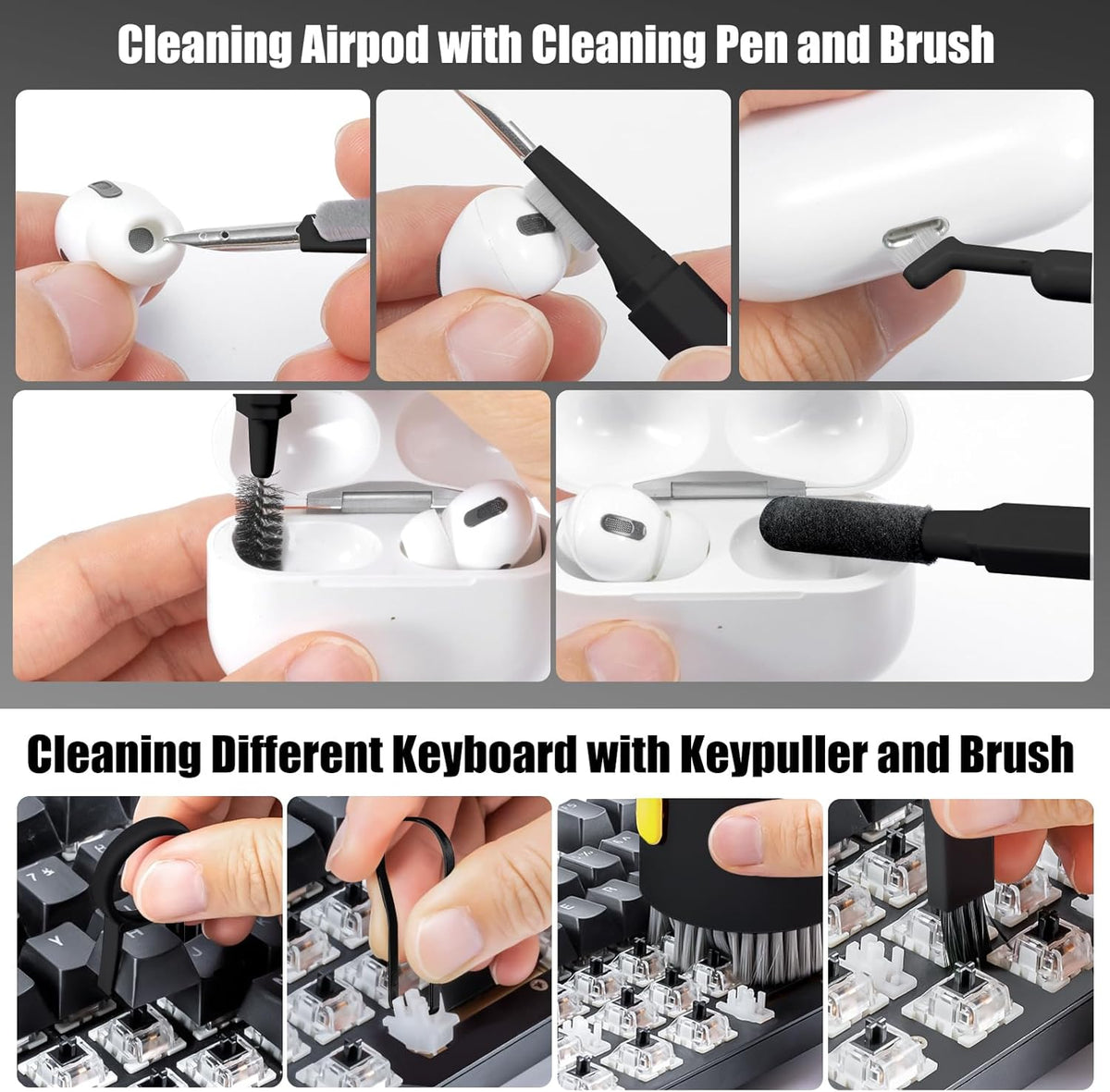 walrfid 2pcs Computer Keyboard Cleaner Kit, Laptop Screen Cleaning Spray for iPhone AirPod Phone MacBook iPad, 20-in-1 Electronic Clean Brush Tool for Earbud iPod Monitor TV Earphone Camera, Black