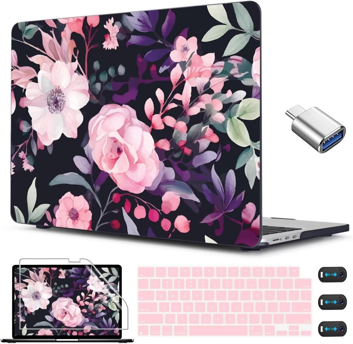 CISSOOK Compatible with MacBook Air 13.6 inch Case 2025 2024 2022 Release Model A3240 A3113 A2681, Flower Plastic Hard Shell Case Black Cover for MacBook Air 13 inch M2 M3 M4 - Pink Flowers