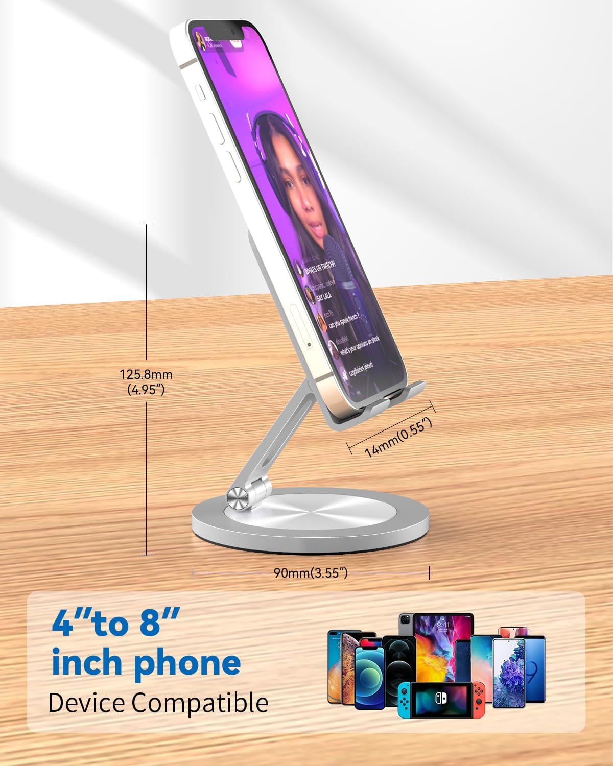 360 Rotating Phone Stand for Desk, Dual-Adjustable Foldable Aluminum Desktop Phone Holder Compatible with iPhone 16 15 14 13 12 11 Series, iPad-Mini, 4-8" All Phones (Silver)
