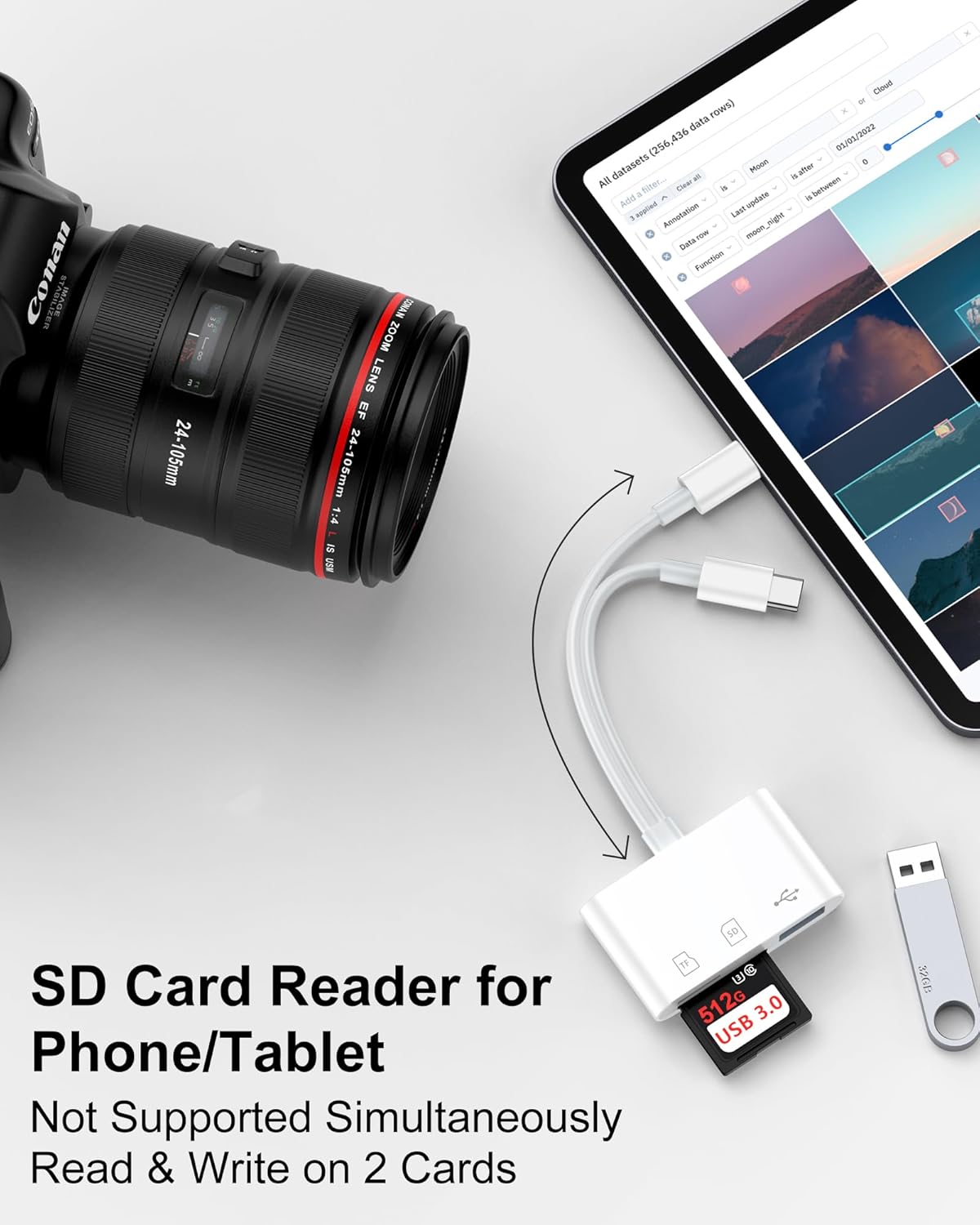 SD Card Reader for iPhone, iPad, Samsung, Memory SD Card Reader USB C&Lightning Dual Port Micro SD Card Reader with USB Camera Adapter Plug and Play Trail Game Camera Card Viewer Supports SD/TF Card