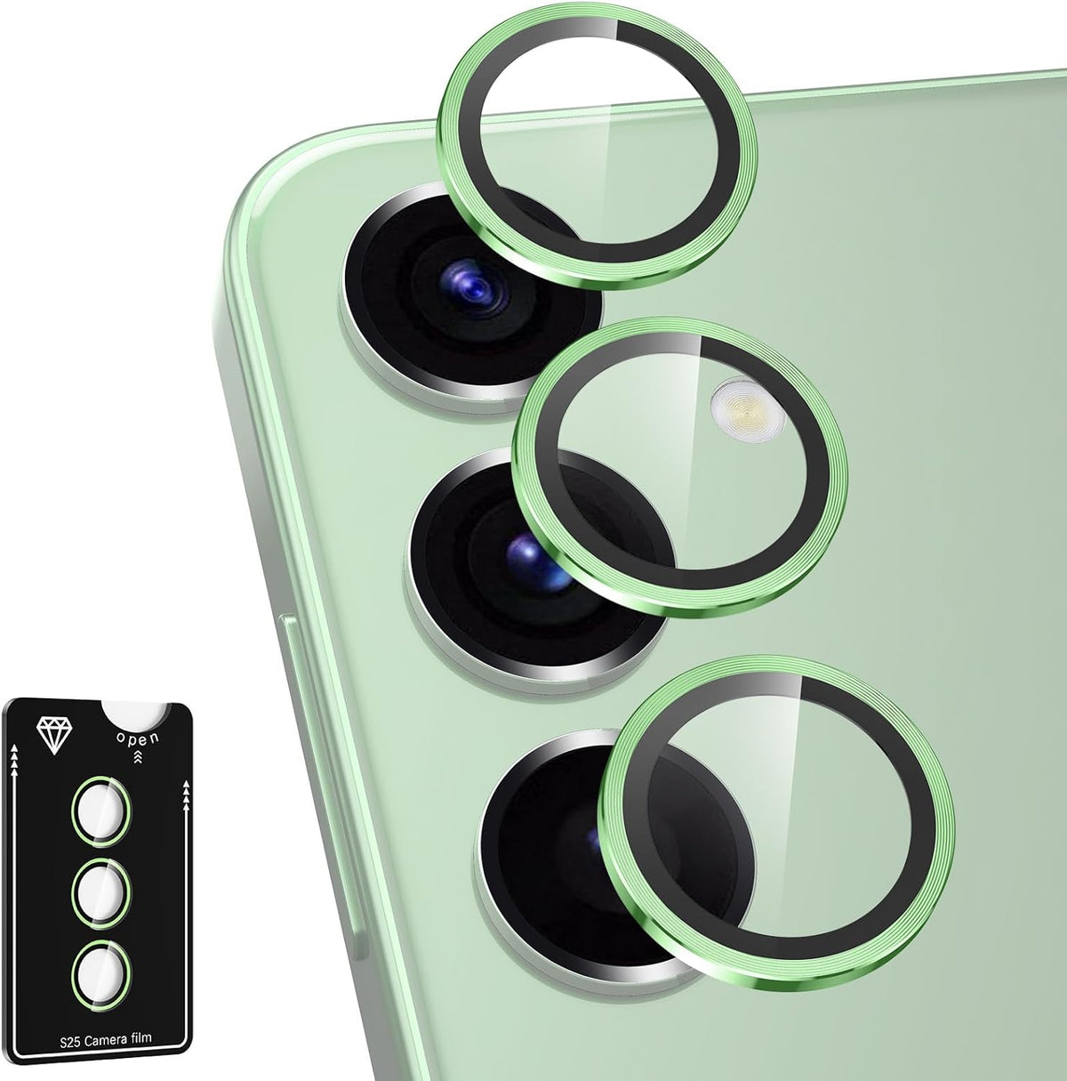 for Samsung Galaxy S25 Camera Lens Protector, Individual Metal Ring Tempered Glass Lens Cover, [Strong Adsorption] Scratch Resistant Ultra-Thin HD Clear Lens Cover, 1 Set-Green