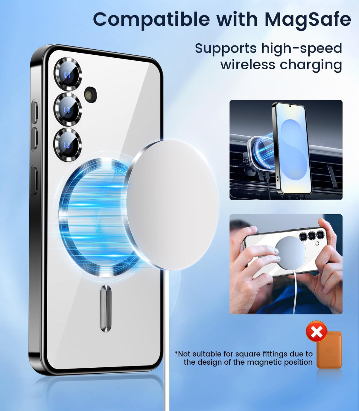 Slim Thin for Samsung Galaxy S25 Plus Case, Compatible with MagSafe, Built-in Camera Lens Protector, Shockproof Protective Phone Case, Soft Electroplated Clear Cover, Black