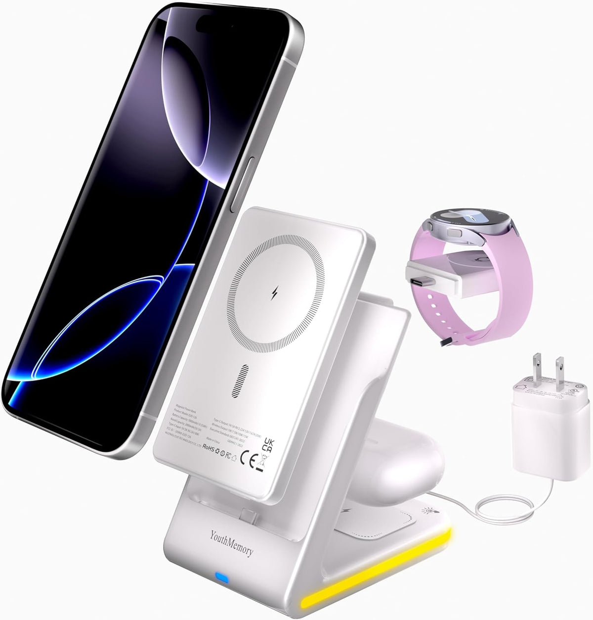 Wireless Charger 5 in 1 Magnetic Charging Station Stand with Portable Power Bank for Apple/Samsung Multiple Devices for Apple Watch 10-2,iPhone 16 15-12 Pro Max/Samsung Galaxy S25 Ultra S24-S8