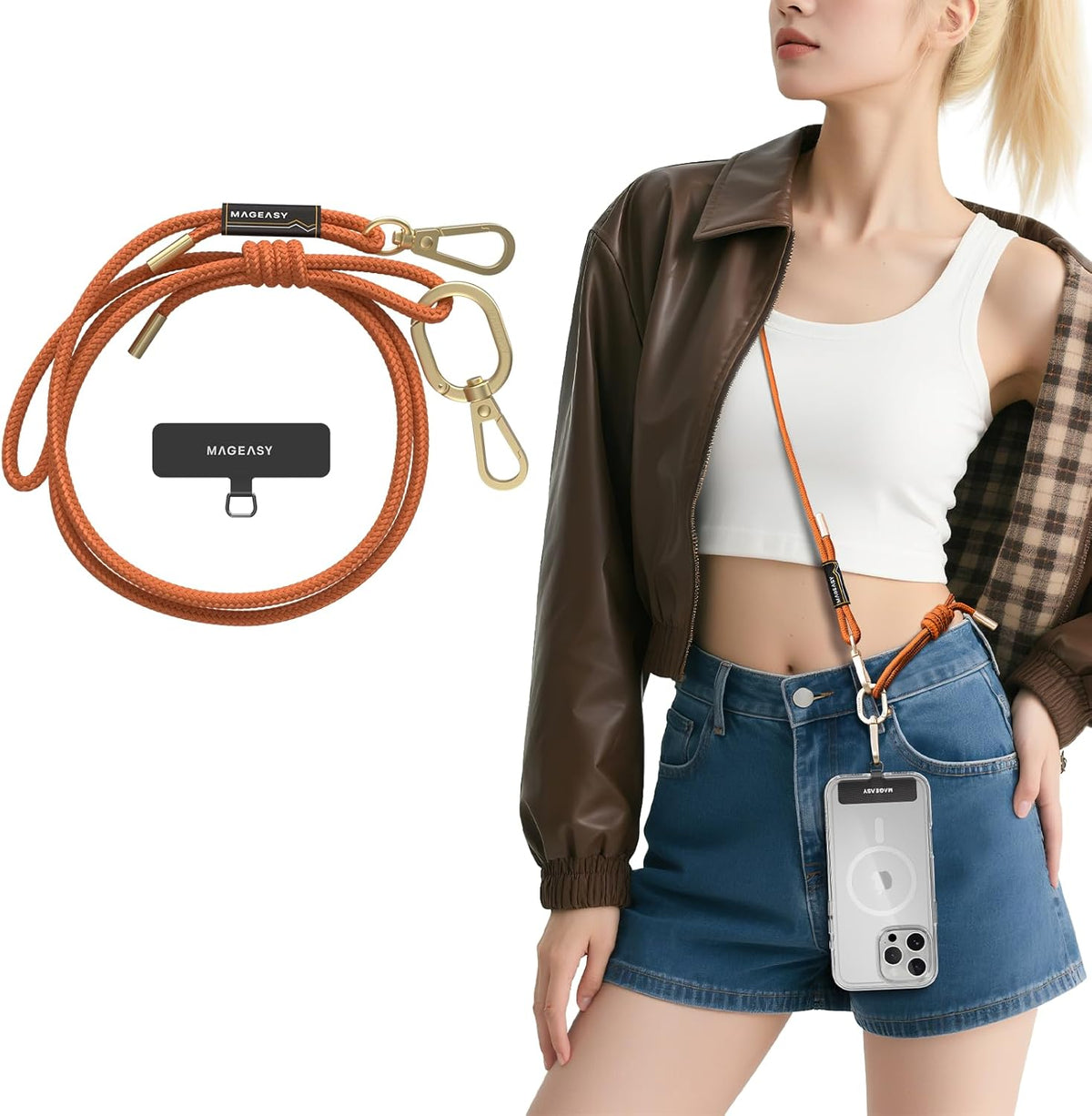 MAGEASY Universal Cell Phone Lanyard - Anti-Theft Rope Crossbody Phone Strap for iPhone 16 Pro Max & Most Smartphones, for Men & Women | 6mm Orange