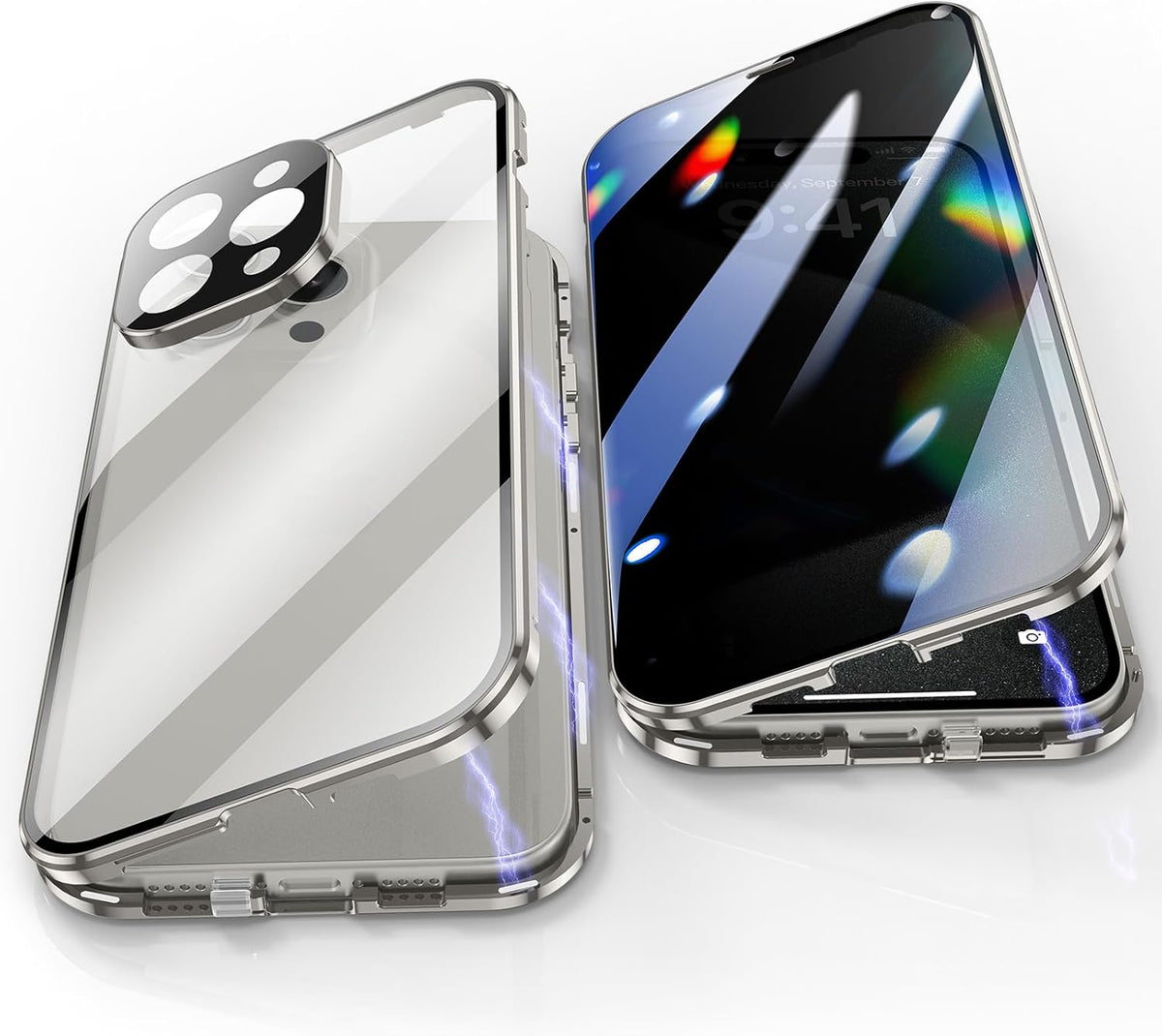 Jonwelsy Anti Peeping Case for iPhone 15 Pro (6.1"), 360 Degree Front and Back Privacy Tempered Glass Cover, Anti SPY Screen, Anti Peep Magnetic Adsorption Metal Bumper for iPhone 15 Pro (Silver)