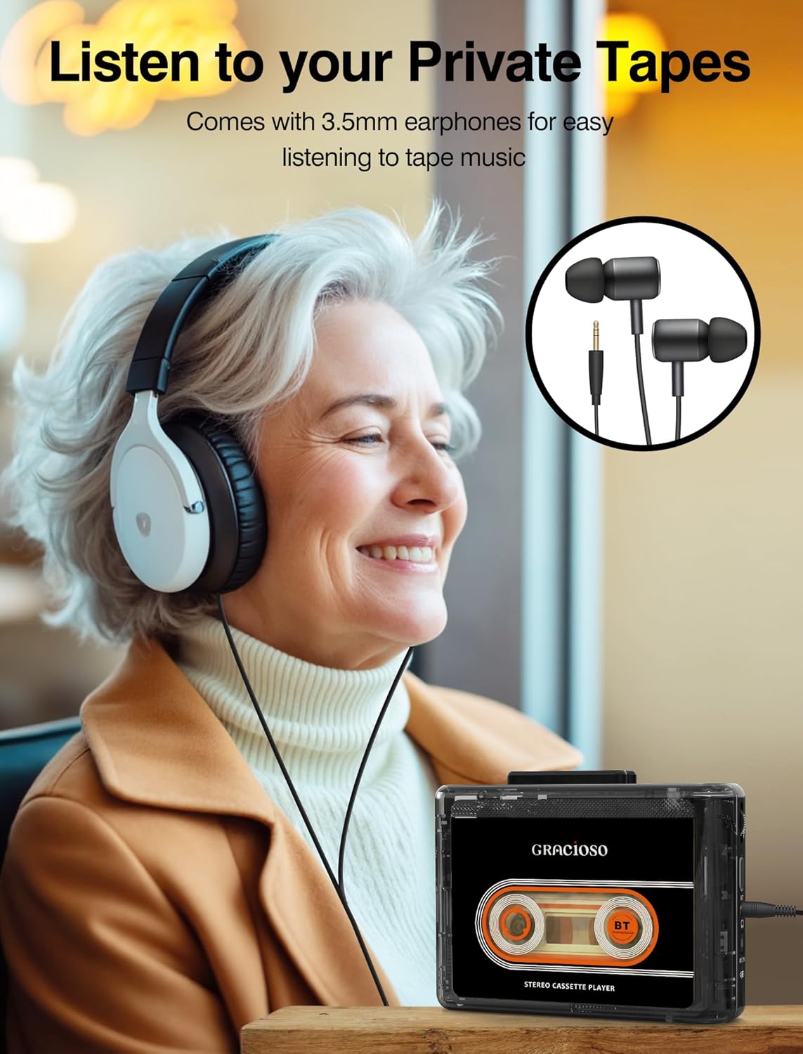 Gracioso Cassette 1100mAH Cassette Cassette Bluetooth Tape Player with Rechargeable Battery, Compact Vintage Player