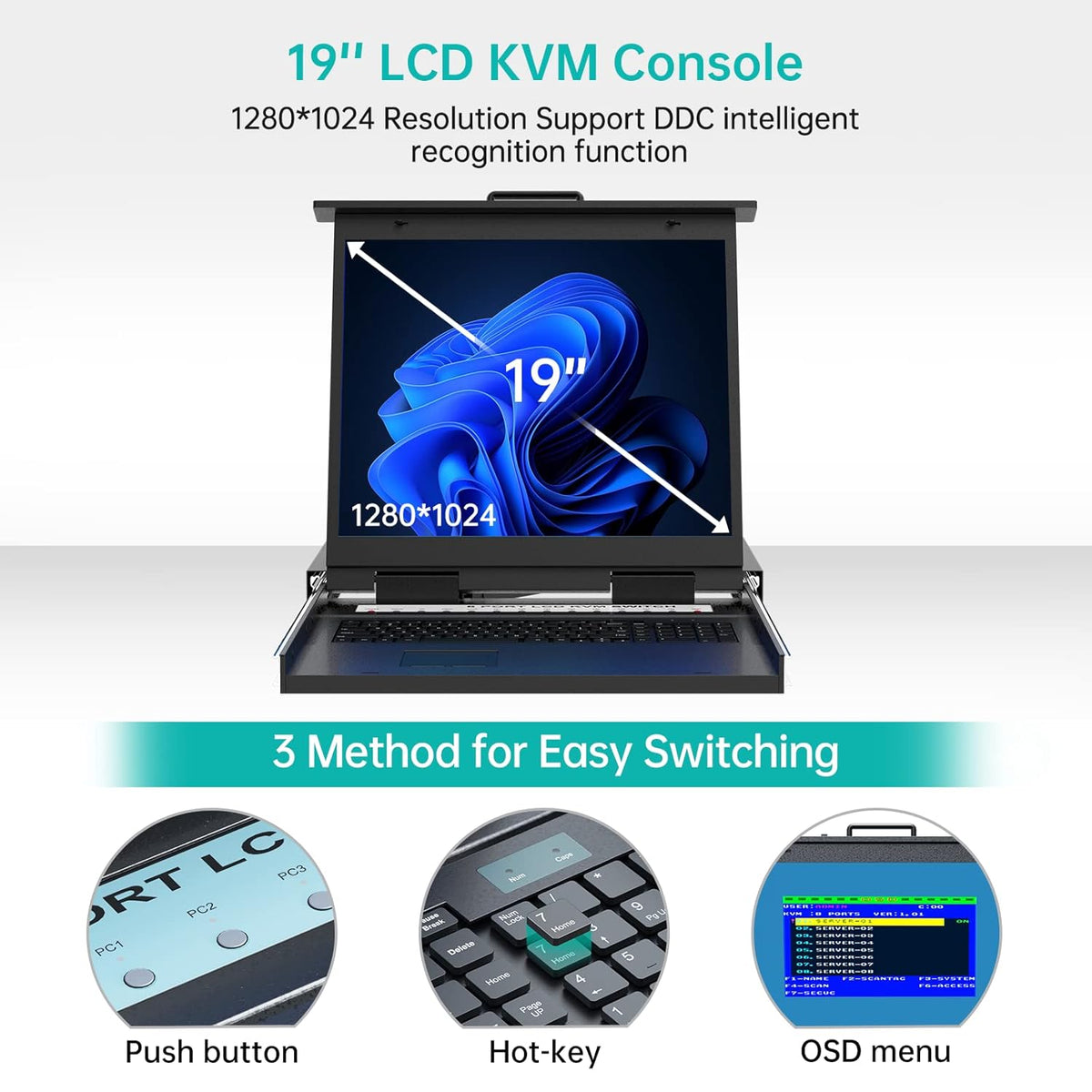 MT-VIKI KVM Rack Console w/19'' LCD Monitor, 8 Port VGA KVM Switch with Keyboard Touchpad Monitor, Fit for 1U 19'' Rack, OSD/Hotkey/Button 【with 8 KVM Cable】