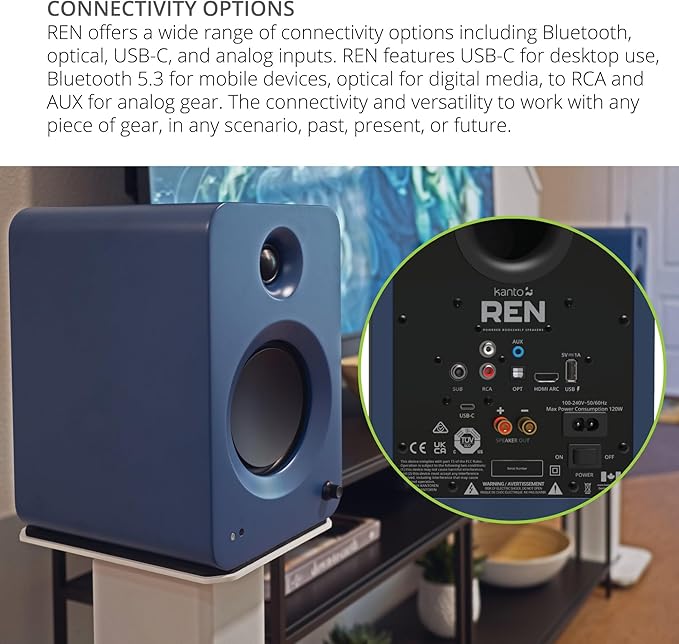 Kanto REN Blue Bluetooth Powered Bookshelf Speakers - Matte Blue Pair with a SUB8VMB Sealed Powered 8 Subwoofer - Vinyl Black (2024)