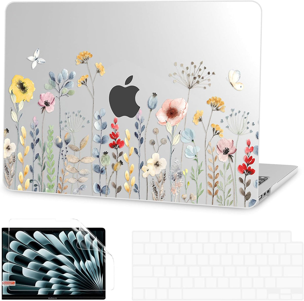 G JGOO Compatible with MacBook Air 13 inch Case 2025 2024 2023 2022 M4 A3240 M3 A3113 M2 A2681, Clear Plastic Hard Shell for MacBook Air 13.6 inch Case+Keyboard Cover+Screen Protector, Garden Flower