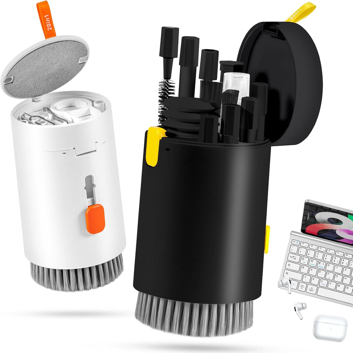 walrfid 2 Pack Laptop Phone Screen Cleaner Kit, Computer Keyboard Brush Cleaning Spray for iPhone AirPods MacBook iPad, 20-in-1 Electronic Device Tool for Camera Earbud TV Car Screens, Black White