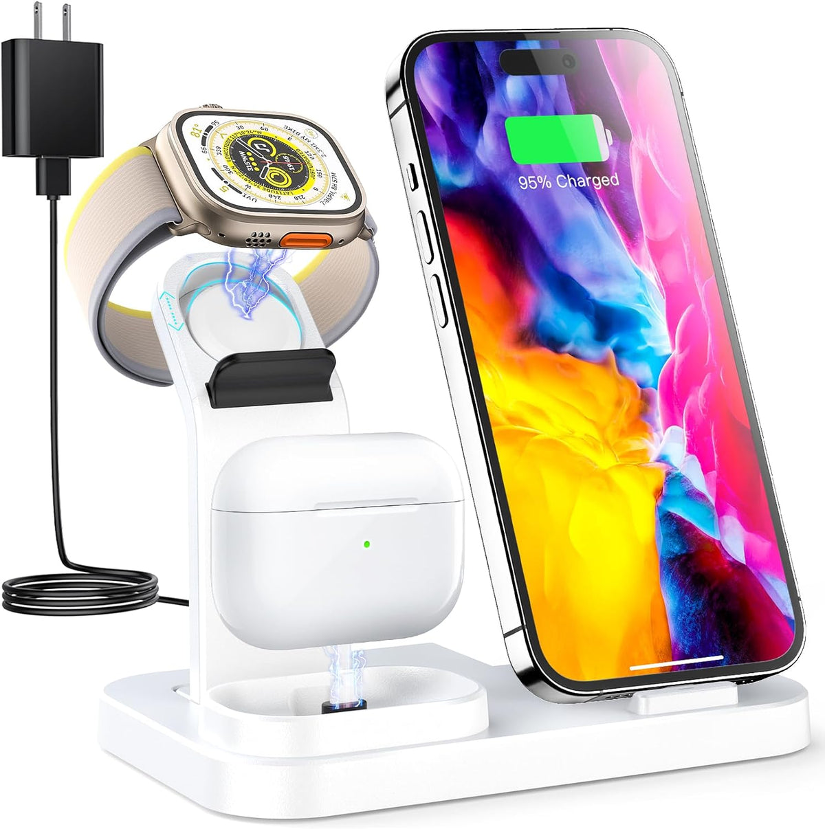Wireless Charging Station 3 in 1 RJR Compatible with Apple Devices, Charging Dock for iWatch, Built-in Wireless Charger Stand for iPhone Series AirPods Gifts (with 18W Adapter) White