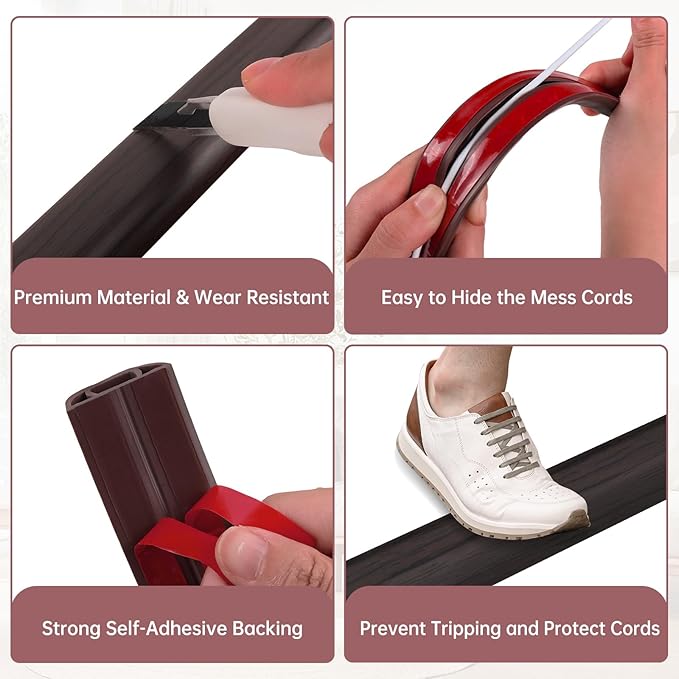 Floor Cord Cover Self Adhesive Cord Hider Floor Extension Cord Covers for Floor Power Cord Protector Cable Management Prevent Cable Trips Cable Cavity 0.51" W x 0.31" H (Dark Walnut, 3.3Ft)