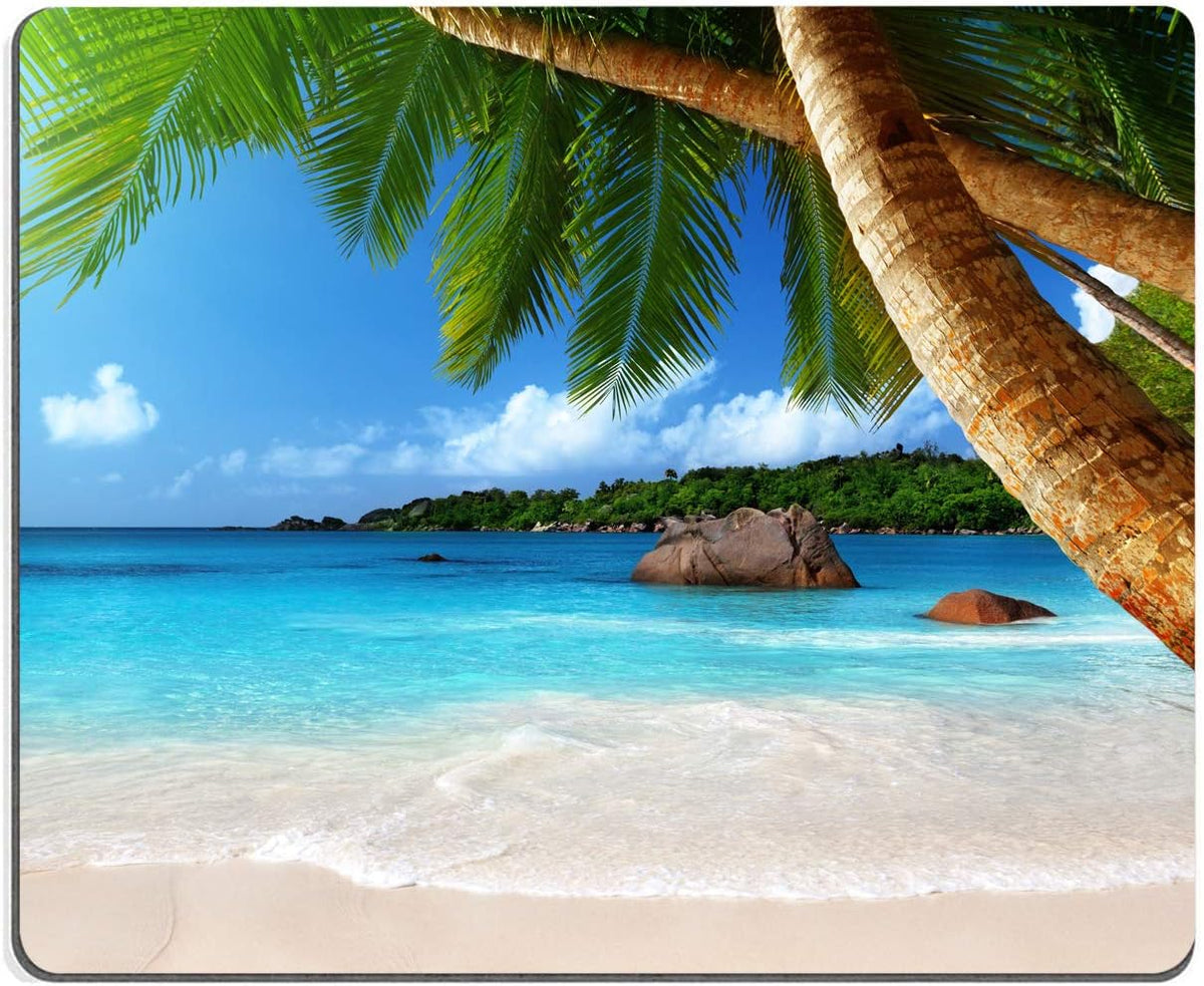 Beach Mouse Pad With Coconut Trees - Gaming Mat, Square Waterproof, Non-Slip Rubber Base for Office, Home, Laptop, Travel - 9.5"x7.9"x0.12" Inch